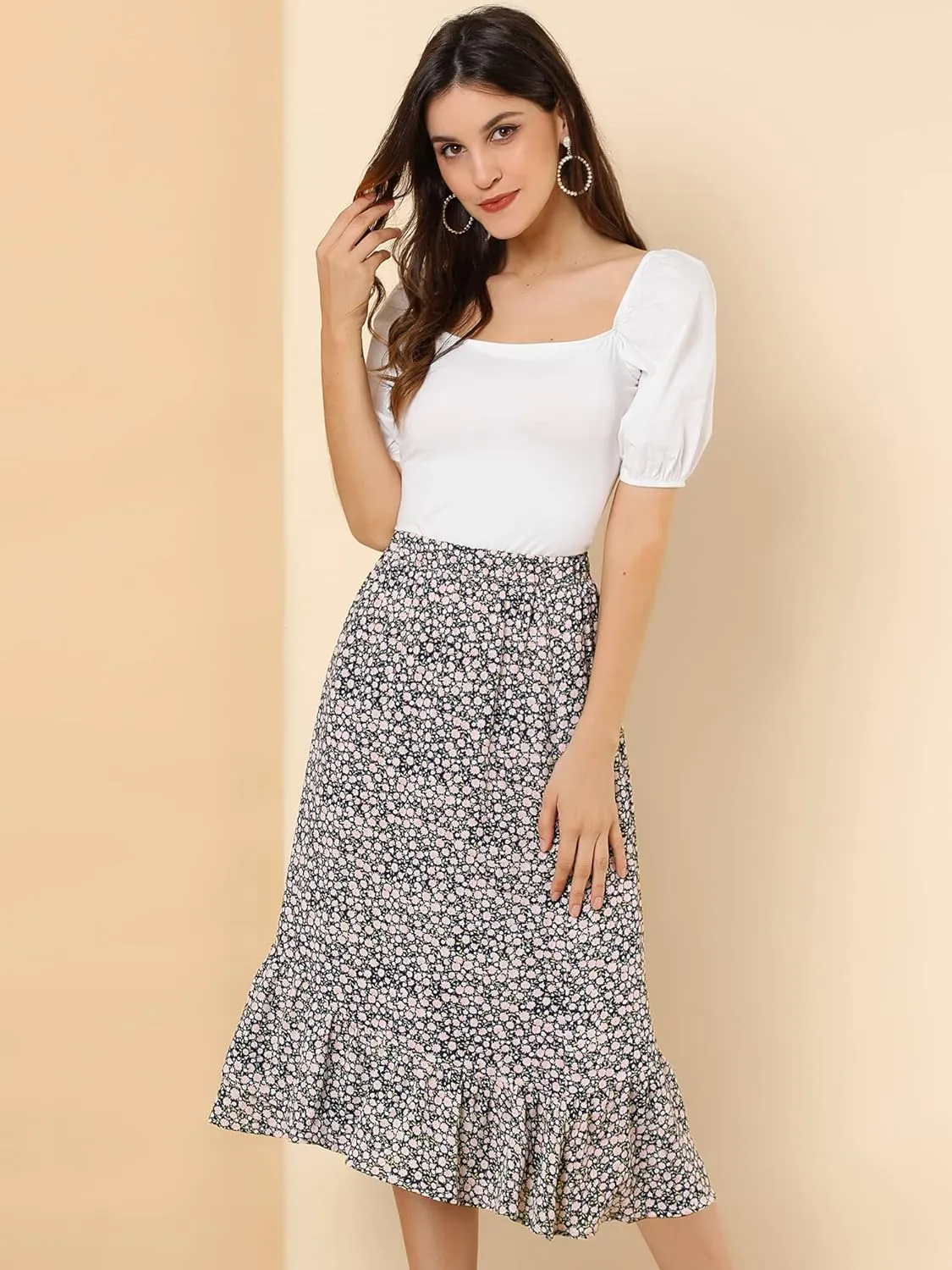 Allegra K Women's Summer Floral Skirt Elastic Waist High Low Ruffle Hem Midi Skirts