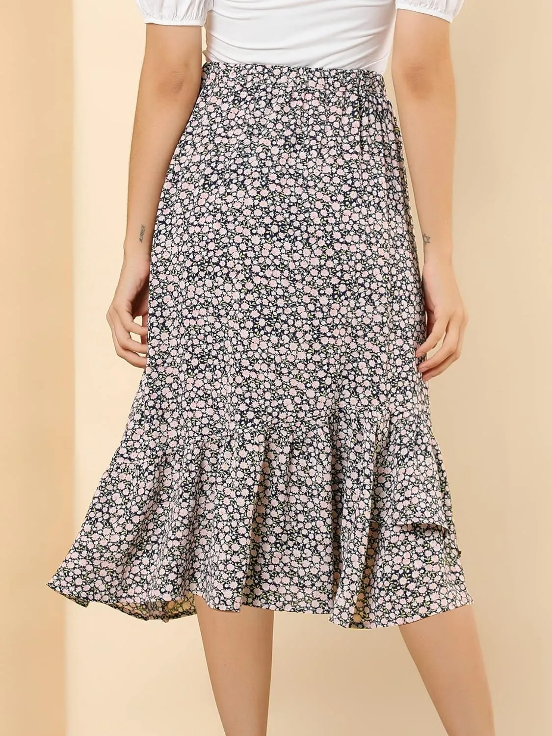 Allegra K Women's Summer Floral Skirt Elastic Waist High Low Ruffle Hem Midi Skirts