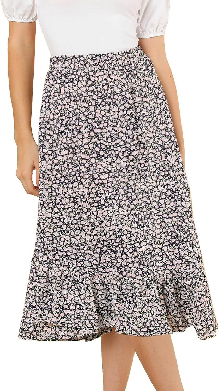 Allegra K Women's Summer Floral Skirt Elastic Waist High Low Ruffle Hem Midi Skirts