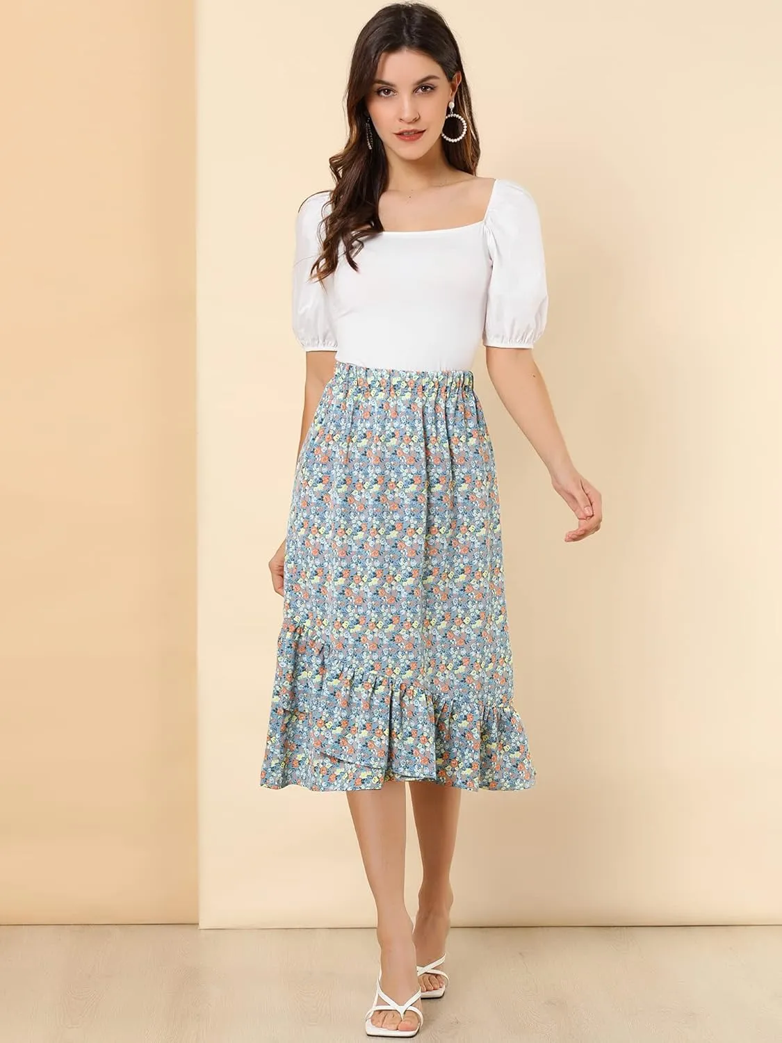 Allegra K Women's Summer Floral Skirt Elastic Waist High Low Ruffle Hem Midi Skirts