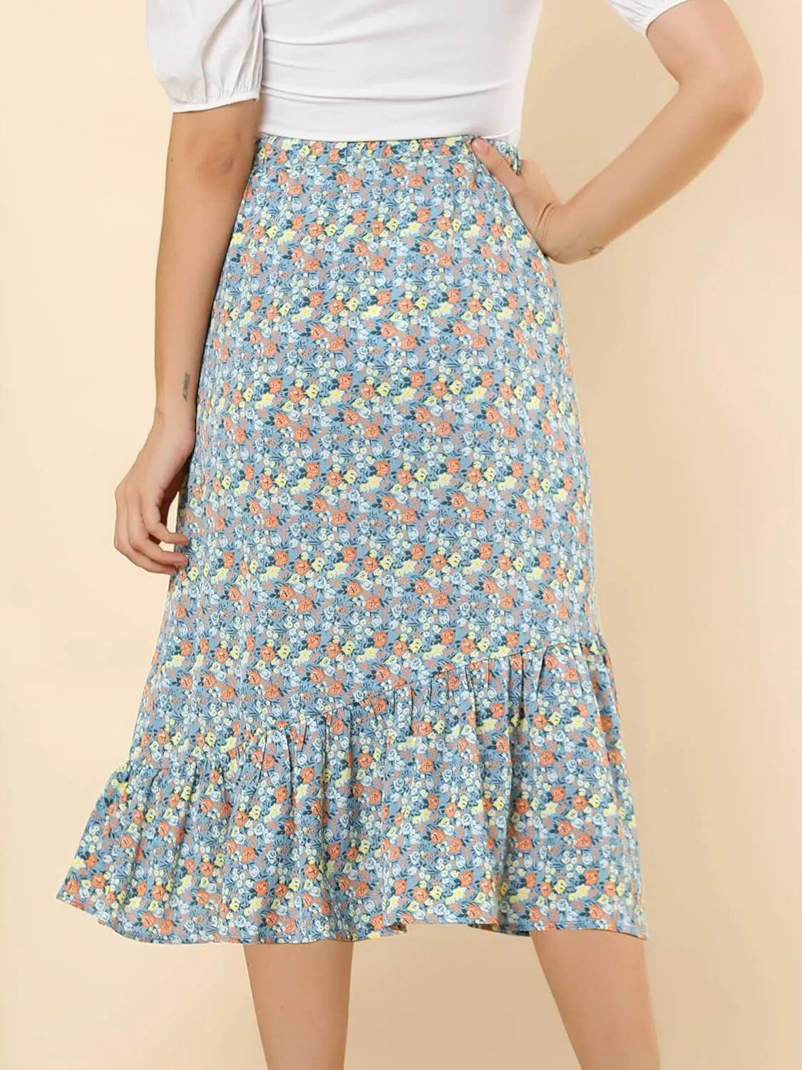 Allegra K Women's Summer Floral Skirt Elastic Waist High Low Ruffle Hem Midi Skirts