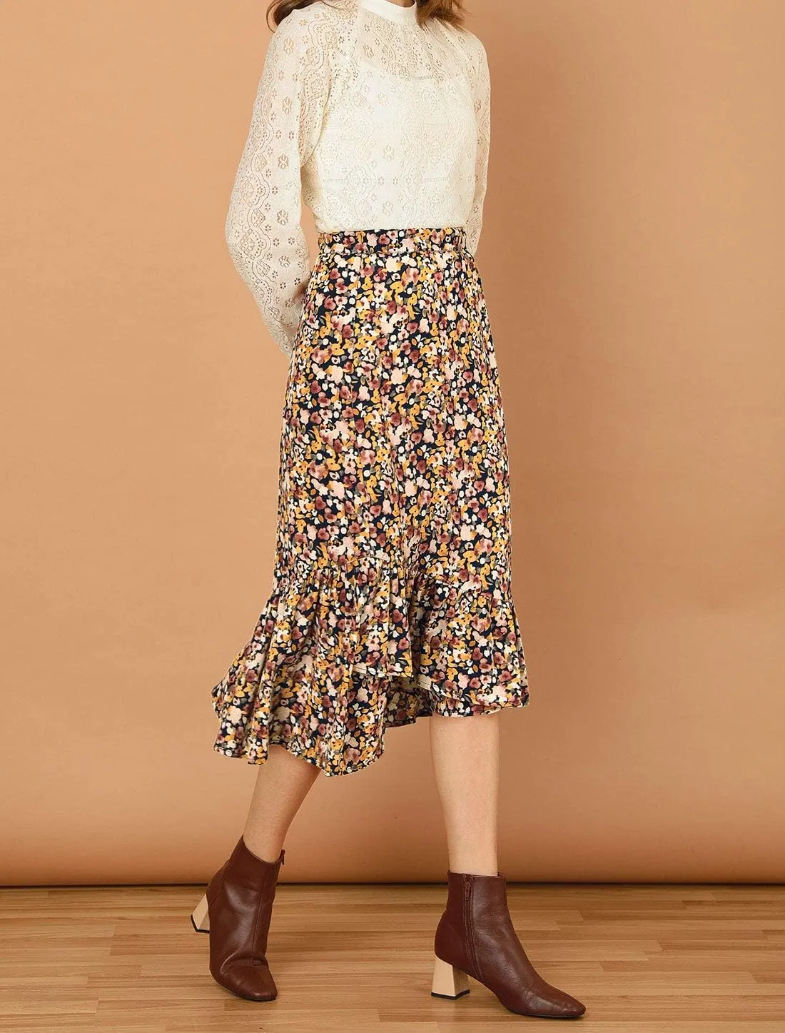 Allegra K Women's Summer Floral Skirt Elastic Waist High Low Ruffle Hem Midi Skirts