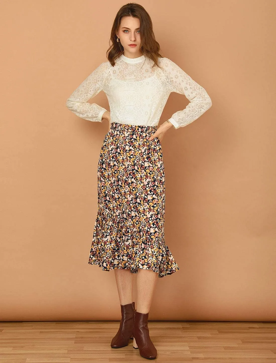 Allegra K Women's Summer Floral Skirt Elastic Waist High Low Ruffle Hem Midi Skirts