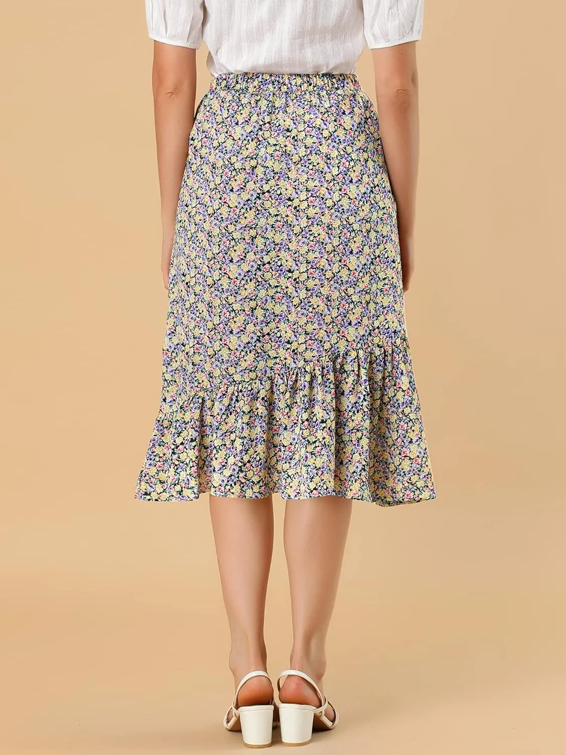 Allegra K Women's Summer Floral Skirt Elastic Waist High Low Ruffle Hem Midi Skirts