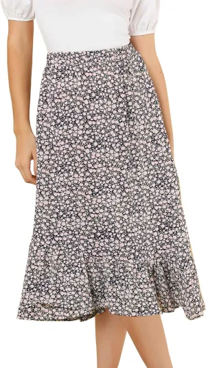 Allegra K Women's Summer Floral Skirt Elastic Waist High Low Ruffle Hem Midi Skirts