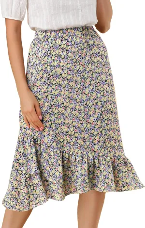 Allegra K Women's Summer Floral Skirt Elastic Waist High Low Ruffle Hem Midi Skirts