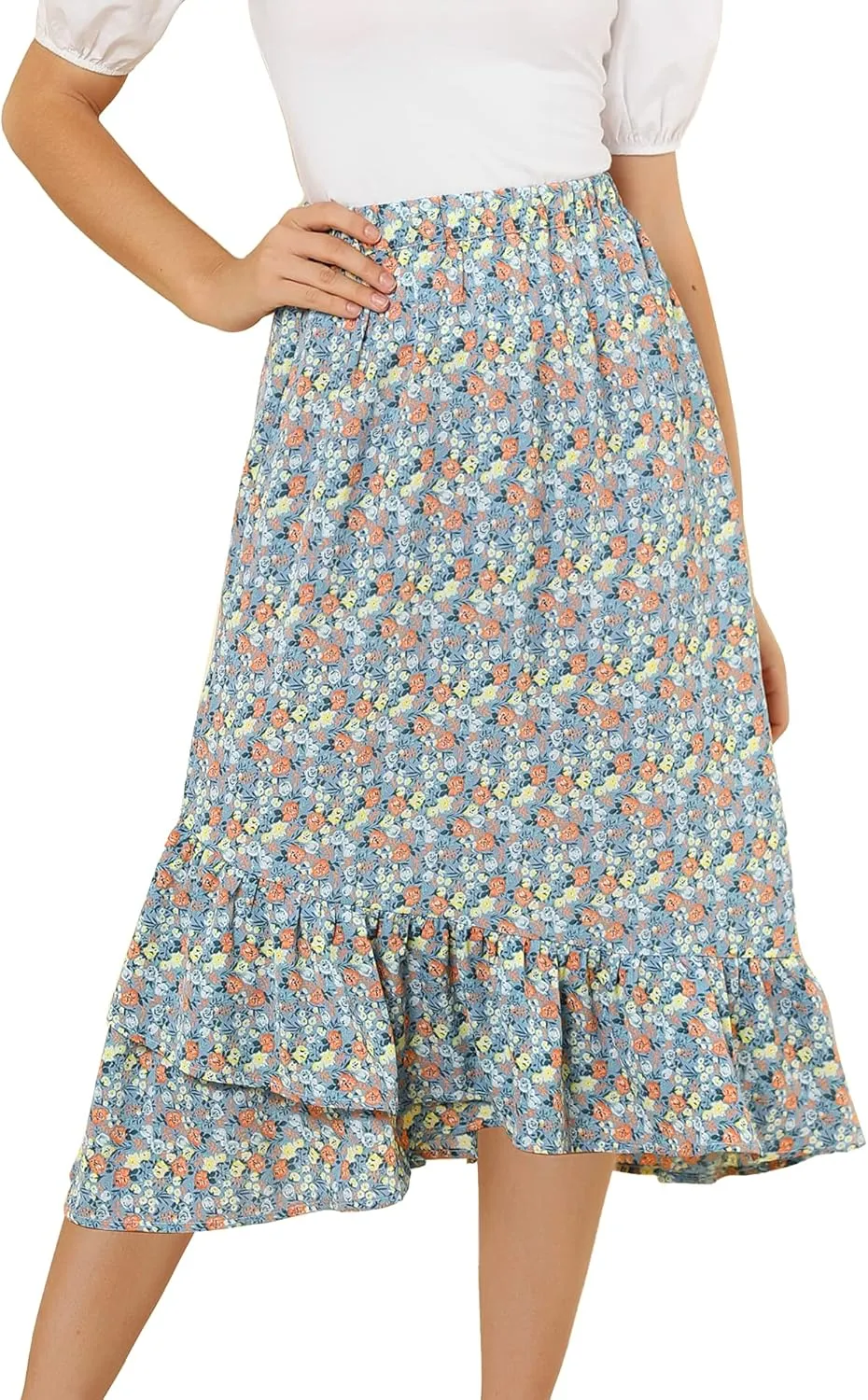 Allegra K Women's Summer Floral Skirt Elastic Waist High Low Ruffle Hem Midi Skirts