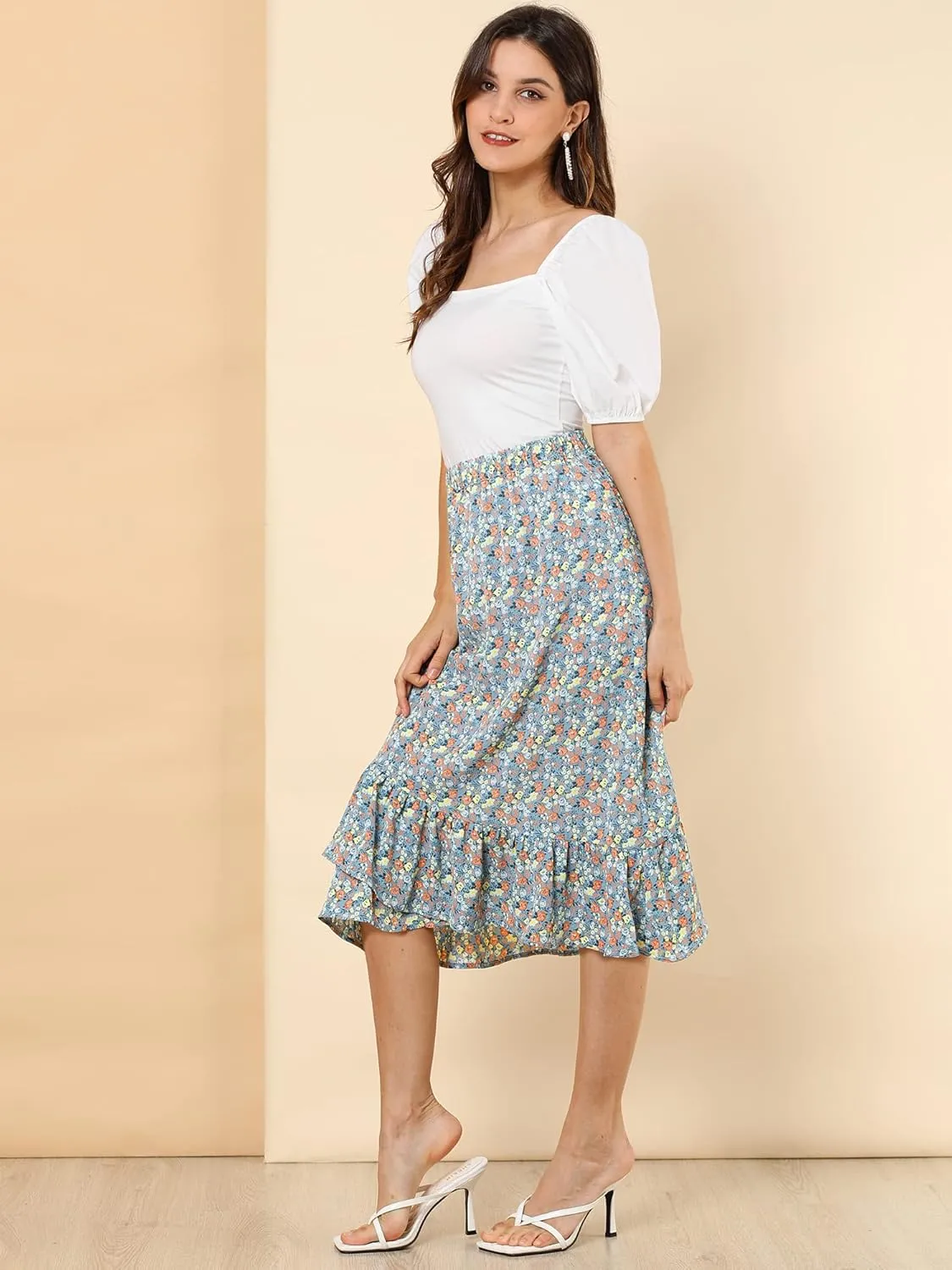 Allegra K Women's Summer Floral Skirt Elastic Waist High Low Ruffle Hem Midi Skirts