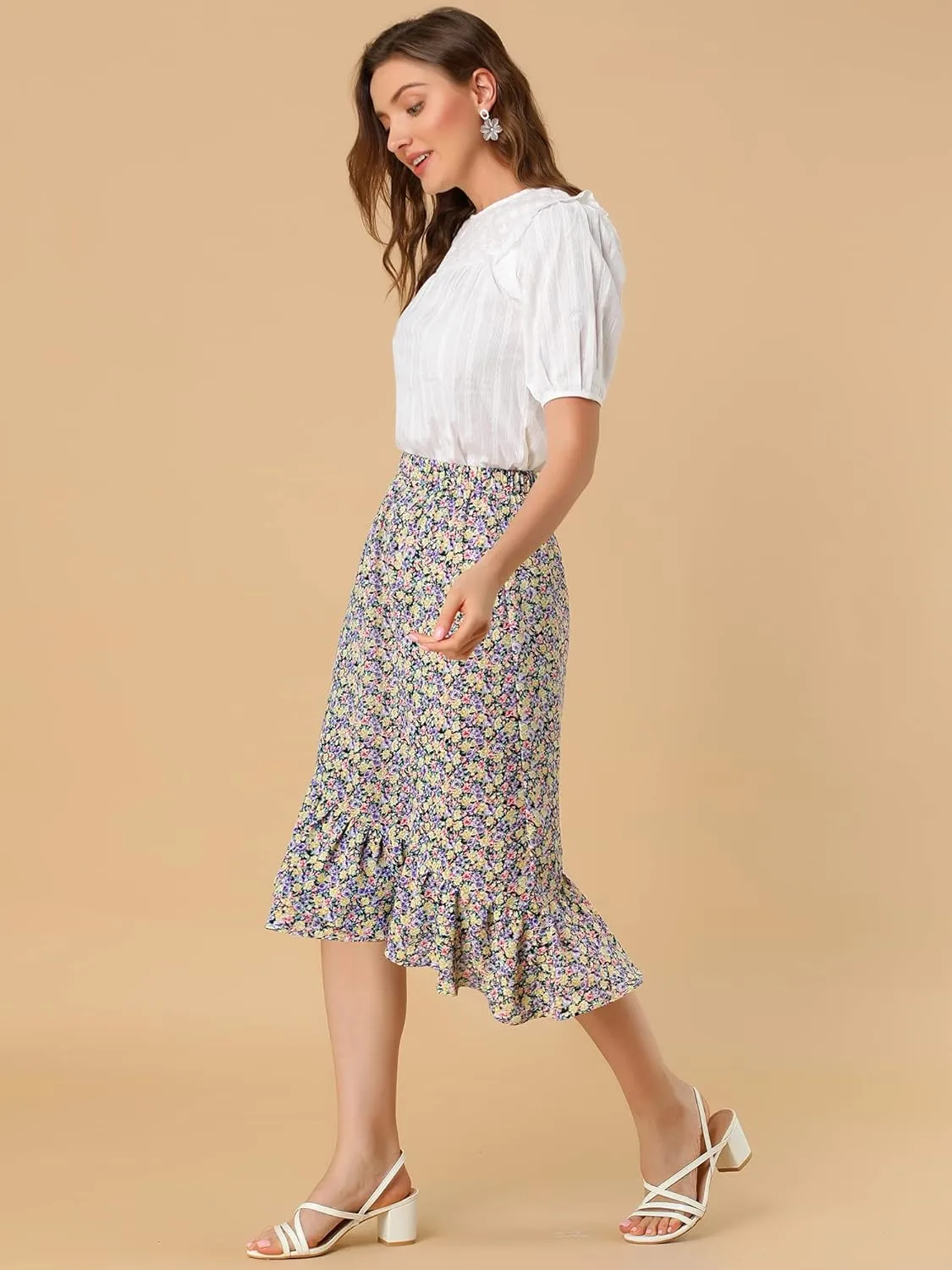 Allegra K Women's Summer Floral Skirt Elastic Waist High Low Ruffle Hem Midi Skirts