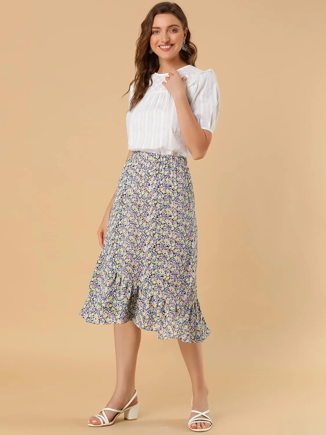 Allegra K Women's Summer Floral Skirt Elastic Waist High Low Ruffle Hem Midi Skirts