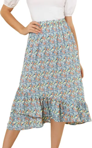 Allegra K Women's Summer Floral Skirt Elastic Waist High Low Ruffle Hem Midi Skirts