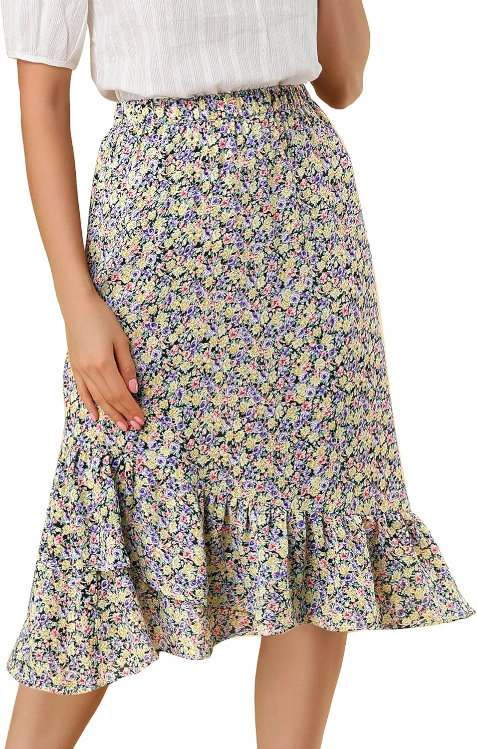 Allegra K Women's Summer Floral Skirt Elastic Waist High Low Ruffle Hem Midi Skirts