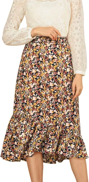 Allegra K Women's Summer Floral Skirt Elastic Waist High Low Ruffle Hem Midi Skirts
