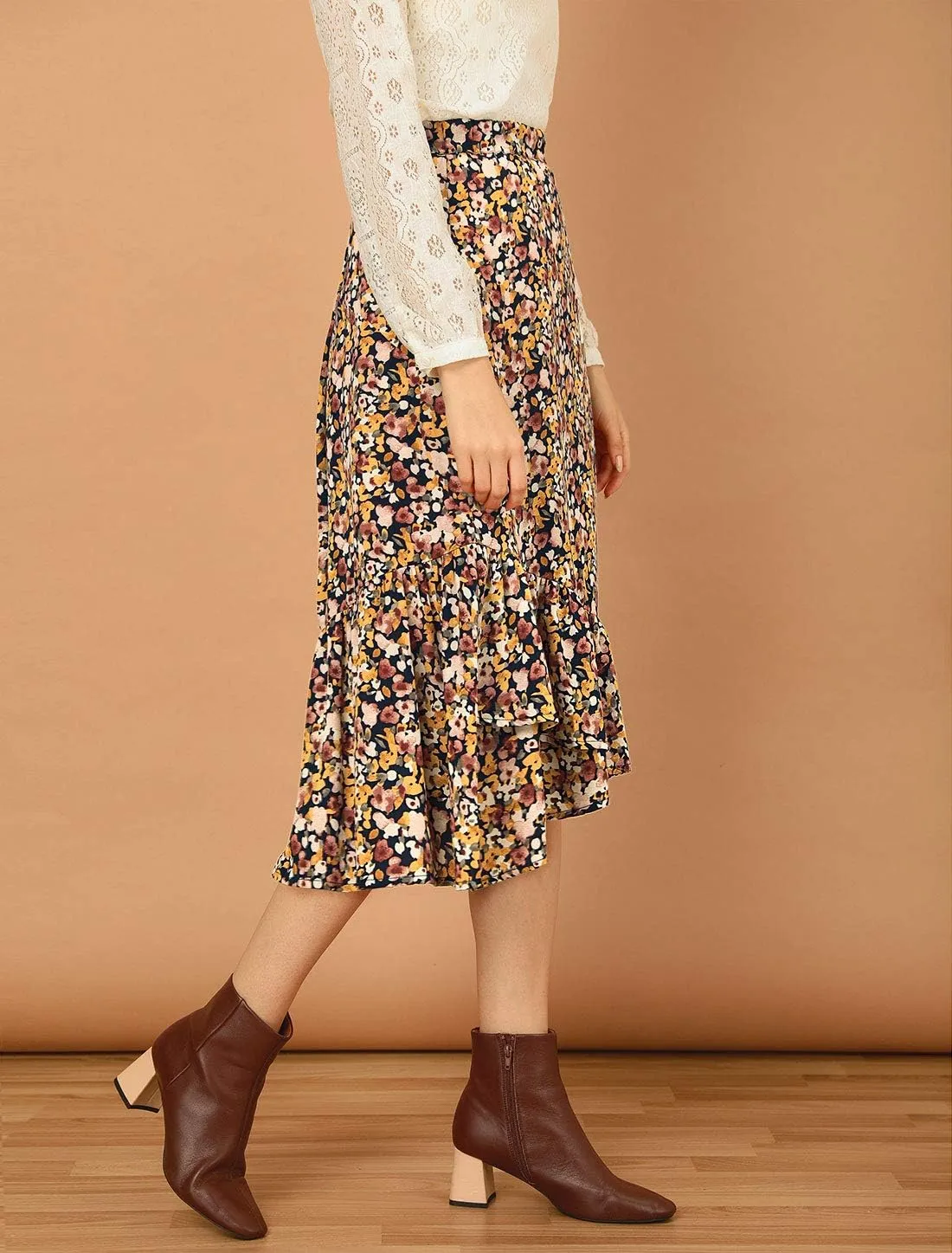 Allegra K Women's Summer Floral Skirt Elastic Waist High Low Ruffle Hem Midi Skirts
