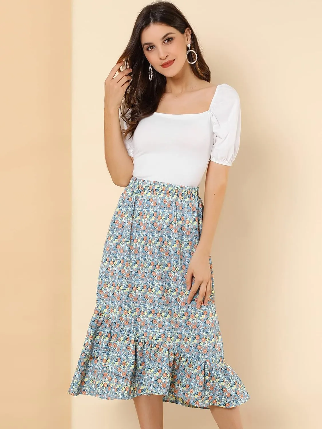 Allegra K Women's Summer Floral Skirt Elastic Waist High Low Ruffle Hem Midi Skirts