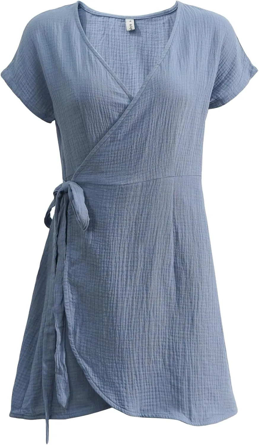 Amazhiyu Womens Cotton Gauze Summer Casual Short Sleeve V Neck Wrap Mini Dress