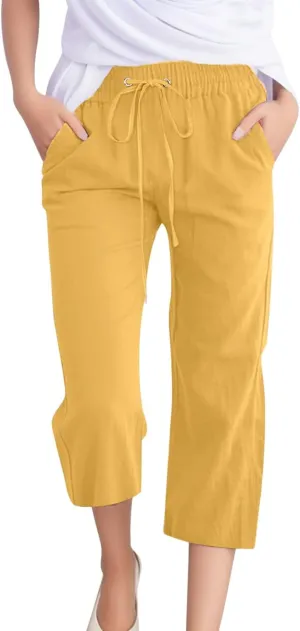 Capris Pants for Women Linen Casual Summer 2025 Wide Leg Loose Elastic Cropped Trouser Lounge Palazzo Pant