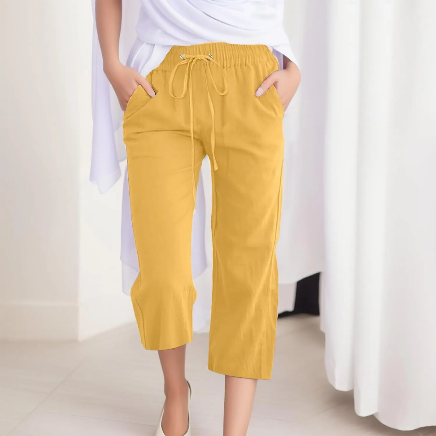 Capris Pants for Women Linen Casual Summer 2025 Wide Leg Loose Elastic Cropped Trouser Lounge Palazzo Pant