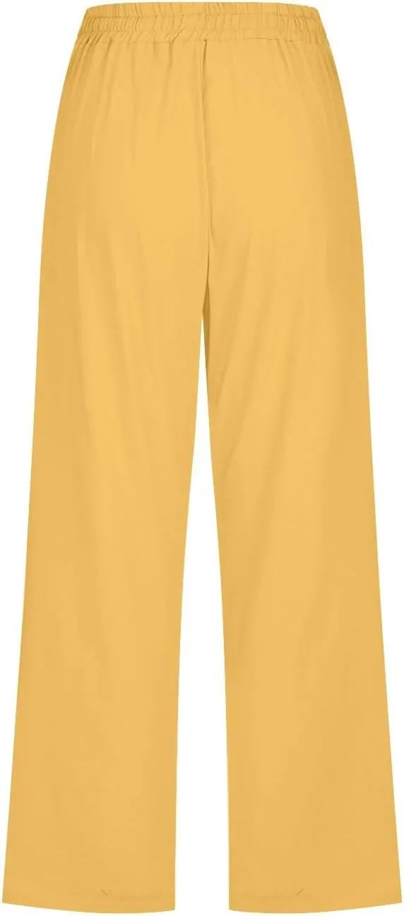 Capris Pants for Women Linen Casual Summer 2025 Wide Leg Loose Elastic Cropped Trouser Lounge Palazzo Pant