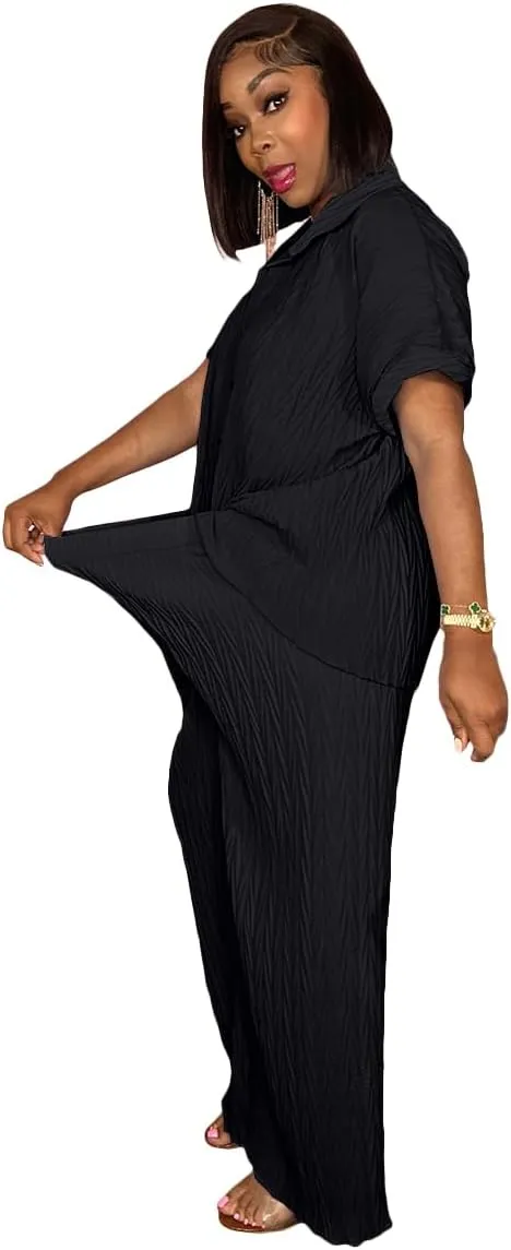 Casual Two Piece Set for Women - Button Down Shirt and Wide Leg Pants Matching Set Tracksuits