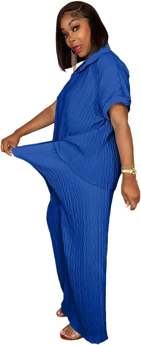 Casual Two Piece Set for Women - Button Down Shirt and Wide Leg Pants Matching Set Tracksuits