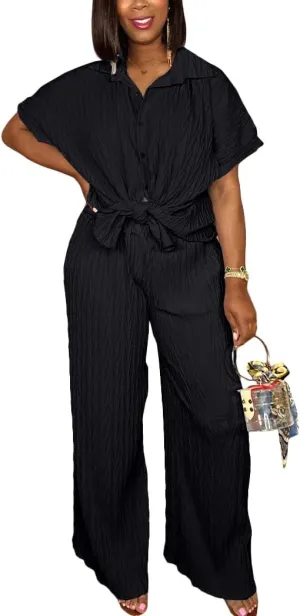 Casual Two Piece Set for Women - Button Down Shirt and Wide Leg Pants Matching Set Tracksuits