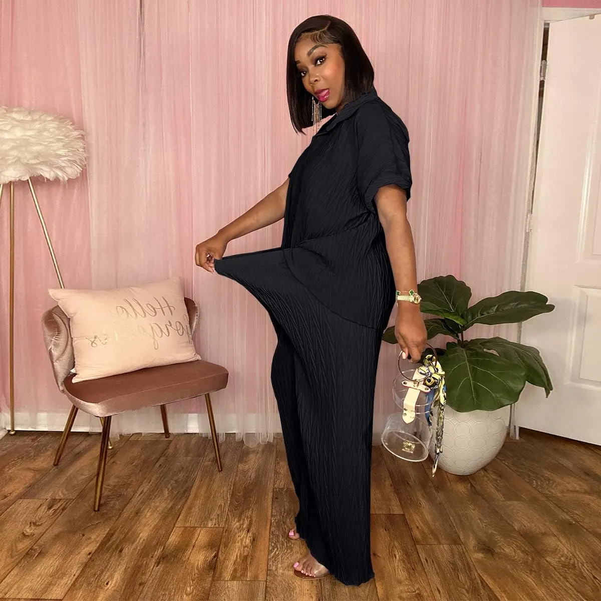 Casual Two Piece Set for Women - Button Down Shirt and Wide Leg Pants Matching Set Tracksuits