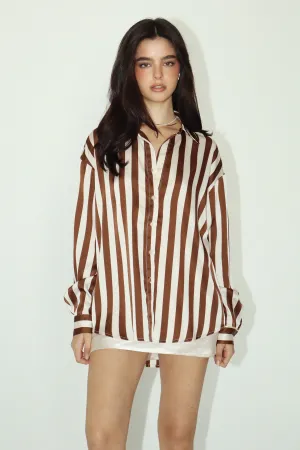 Chocolate Stripe Satin Button Up Shirt
