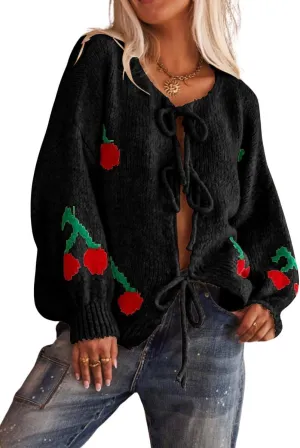 chouyatou Women's Cute Y2K Cherry Tie Knot Cardigan Casual Loose Crewneck Chunky Knit Sweater Cardigan