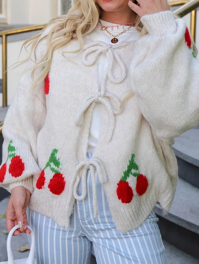 chouyatou Women's Cute Y2K Cherry Tie Knot Cardigan Casual Loose Crewneck Chunky Knit Sweater Cardigan