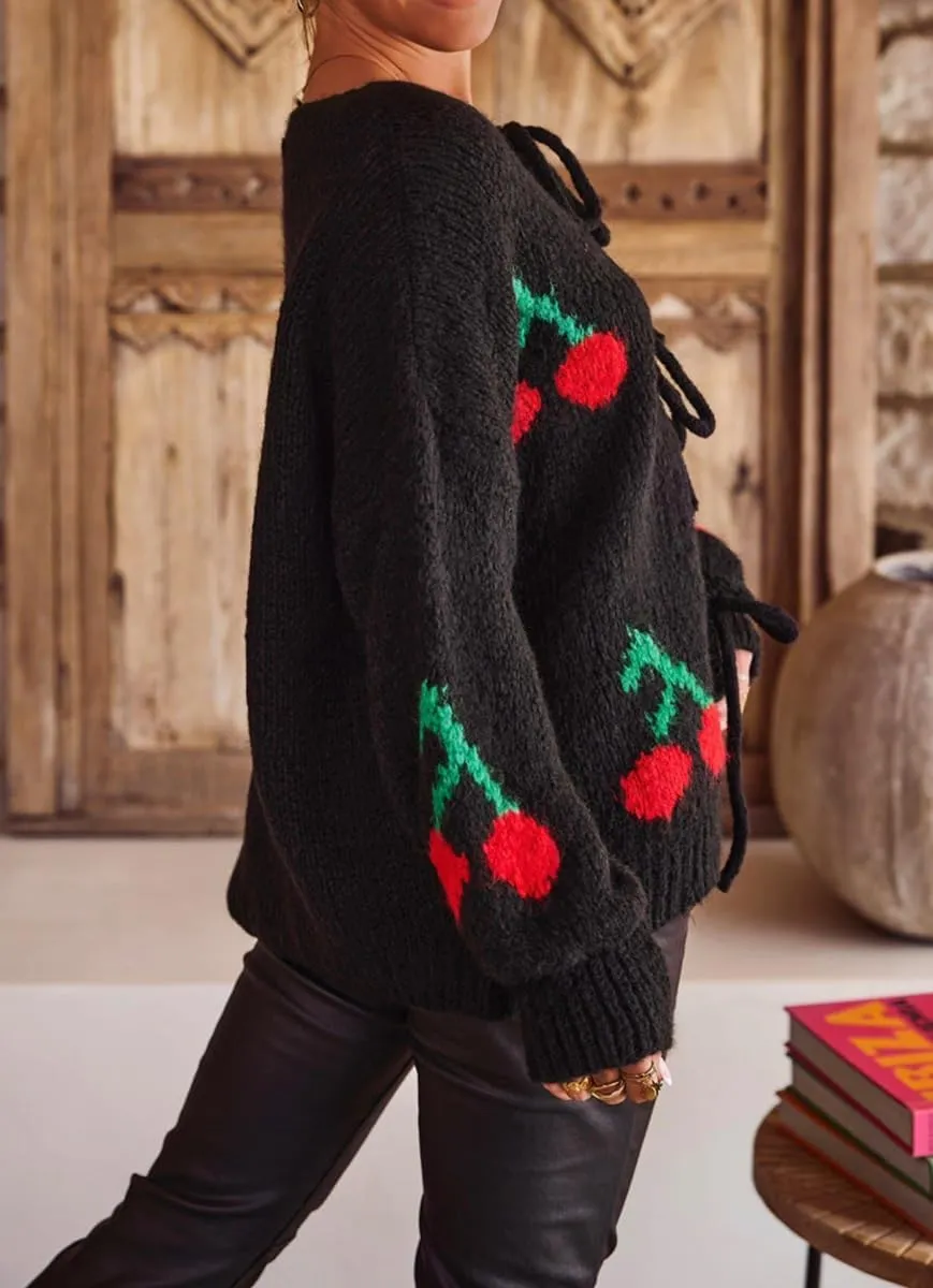 chouyatou Women's Cute Y2K Cherry Tie Knot Cardigan Casual Loose Crewneck Chunky Knit Sweater Cardigan