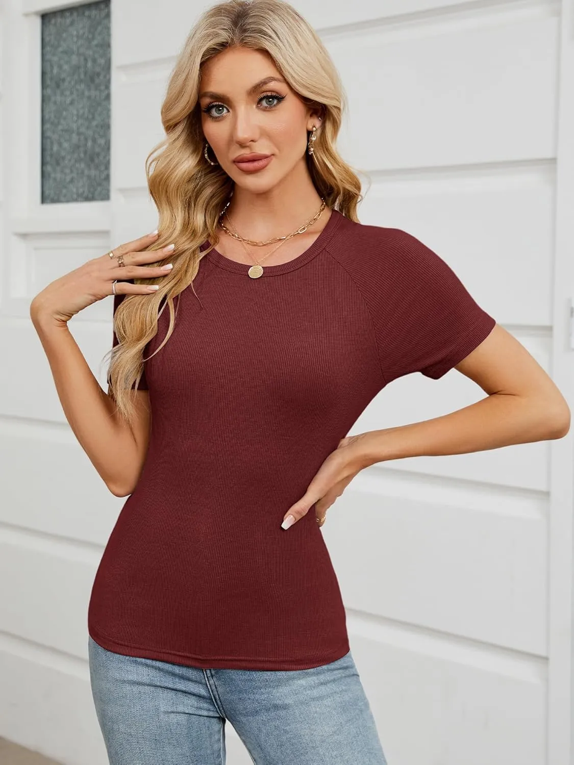 Chulianyouhuo Womens Ribbed Fitted T Shirt Short Sleeve Crew Neck Tees Slim Casual Basic Summer Tops