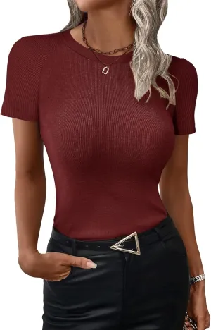 Chulianyouhuo Womens Ribbed Fitted T Shirt Short Sleeve Crew Neck Tees Slim Casual Basic Summer Tops