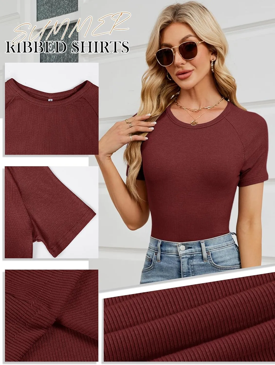 Chulianyouhuo Womens Ribbed Fitted T Shirt Short Sleeve Crew Neck Tees Slim Casual Basic Summer Tops