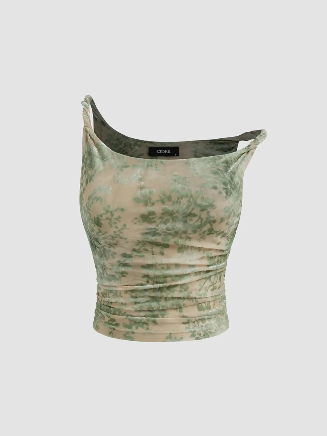 CIDER Women's Mesh U Neck Floral Ruched Crop Cami Top