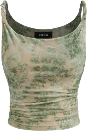 CIDER Women's Mesh U Neck Floral Ruched Crop Cami Top