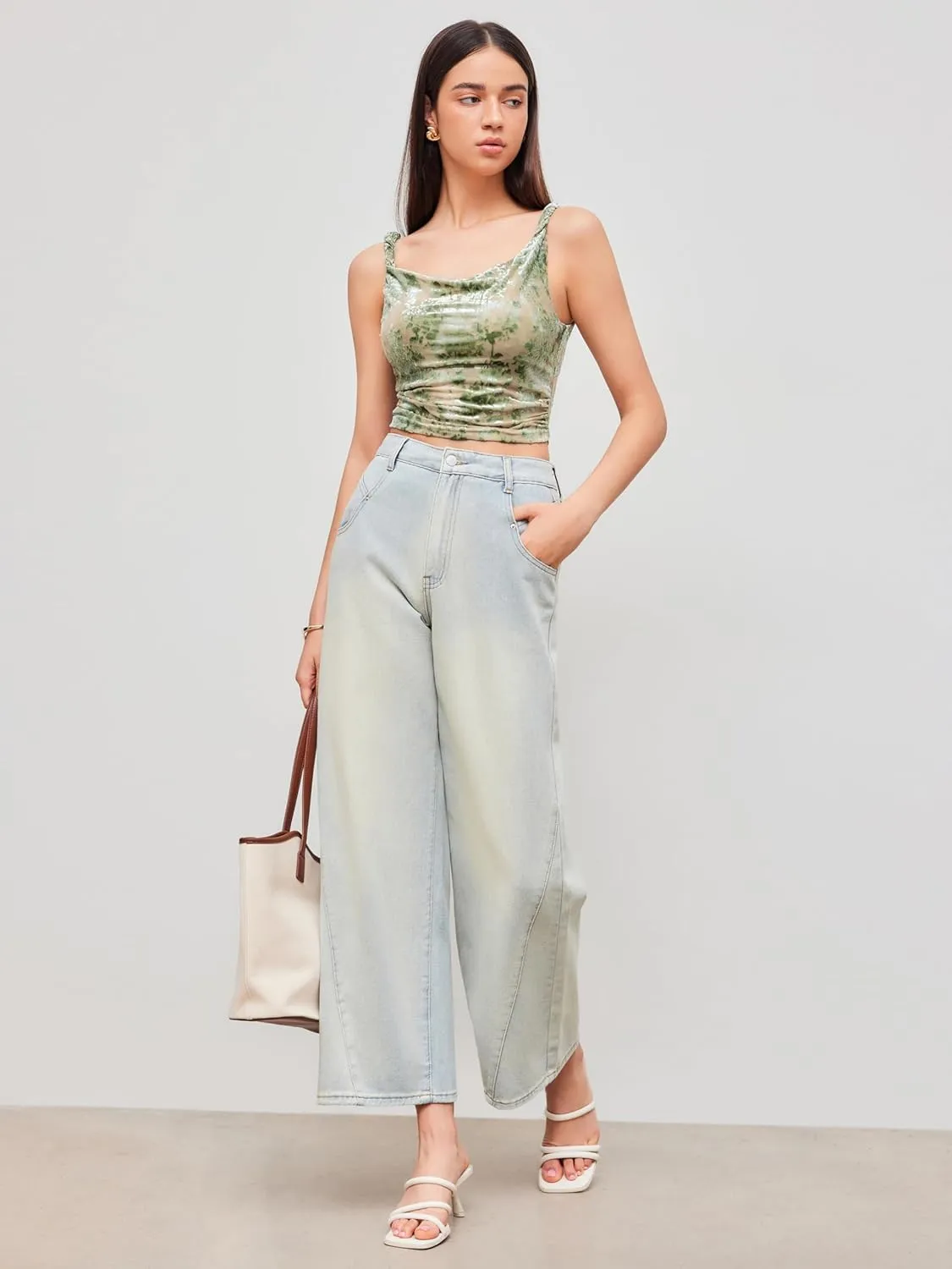 CIDER Women's Mesh U Neck Floral Ruched Crop Cami Top