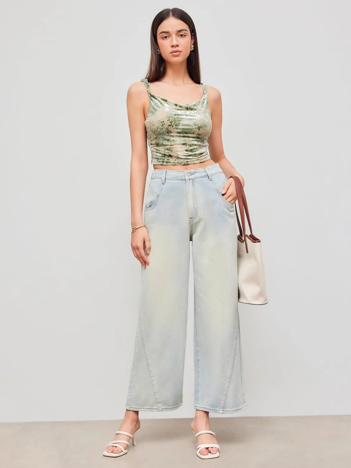 CIDER Women's Mesh U Neck Floral Ruched Crop Cami Top