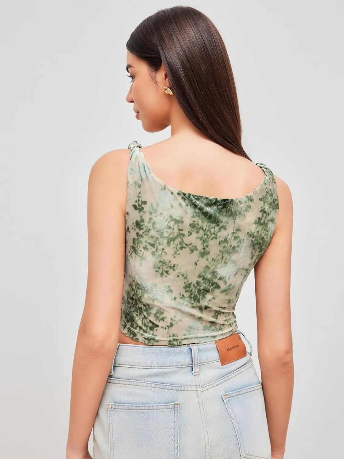 CIDER Women's Mesh U Neck Floral Ruched Crop Cami Top
