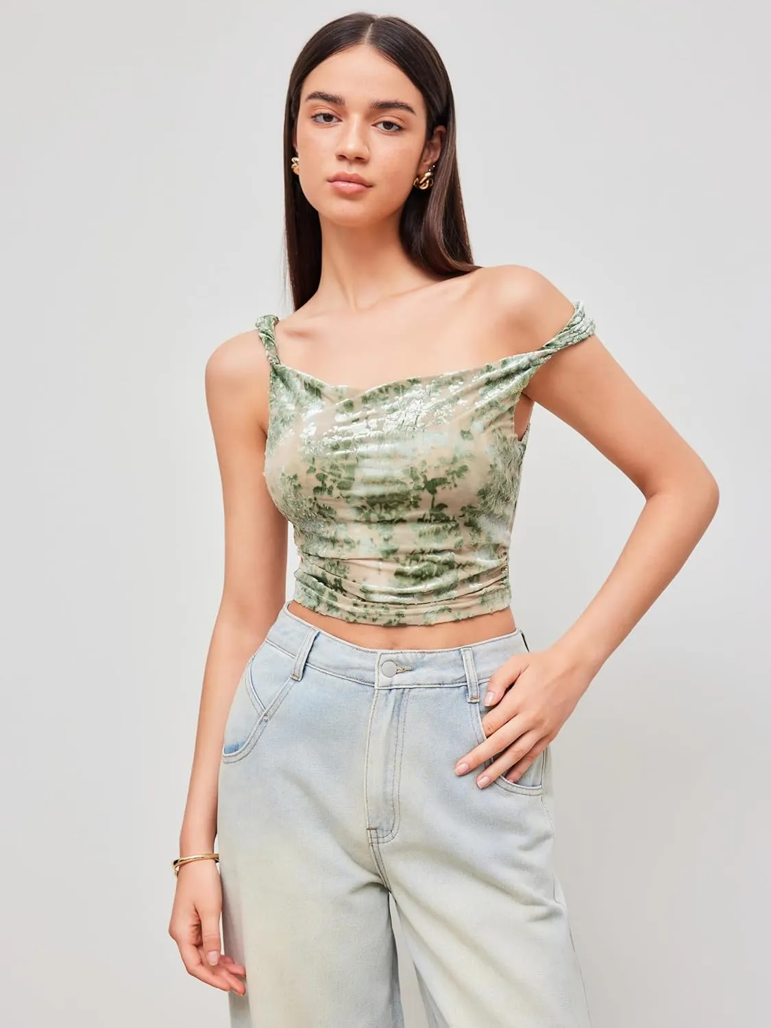 CIDER Women's Mesh U Neck Floral Ruched Crop Cami Top