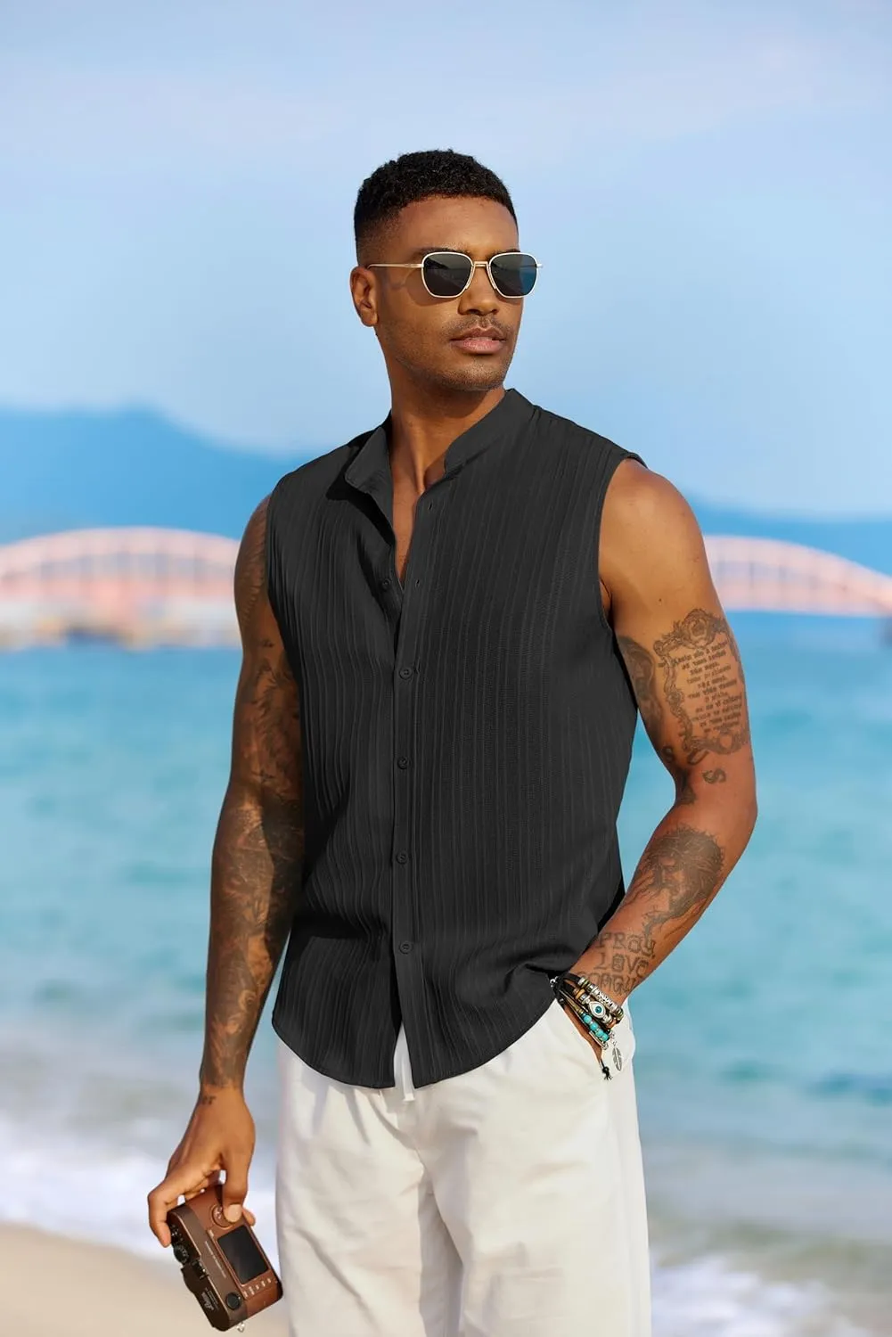 COOFANDY Mens Sleeveless Summer Shirts Beach Tank Tops Button Up Textured Tank Shirt for Vacation