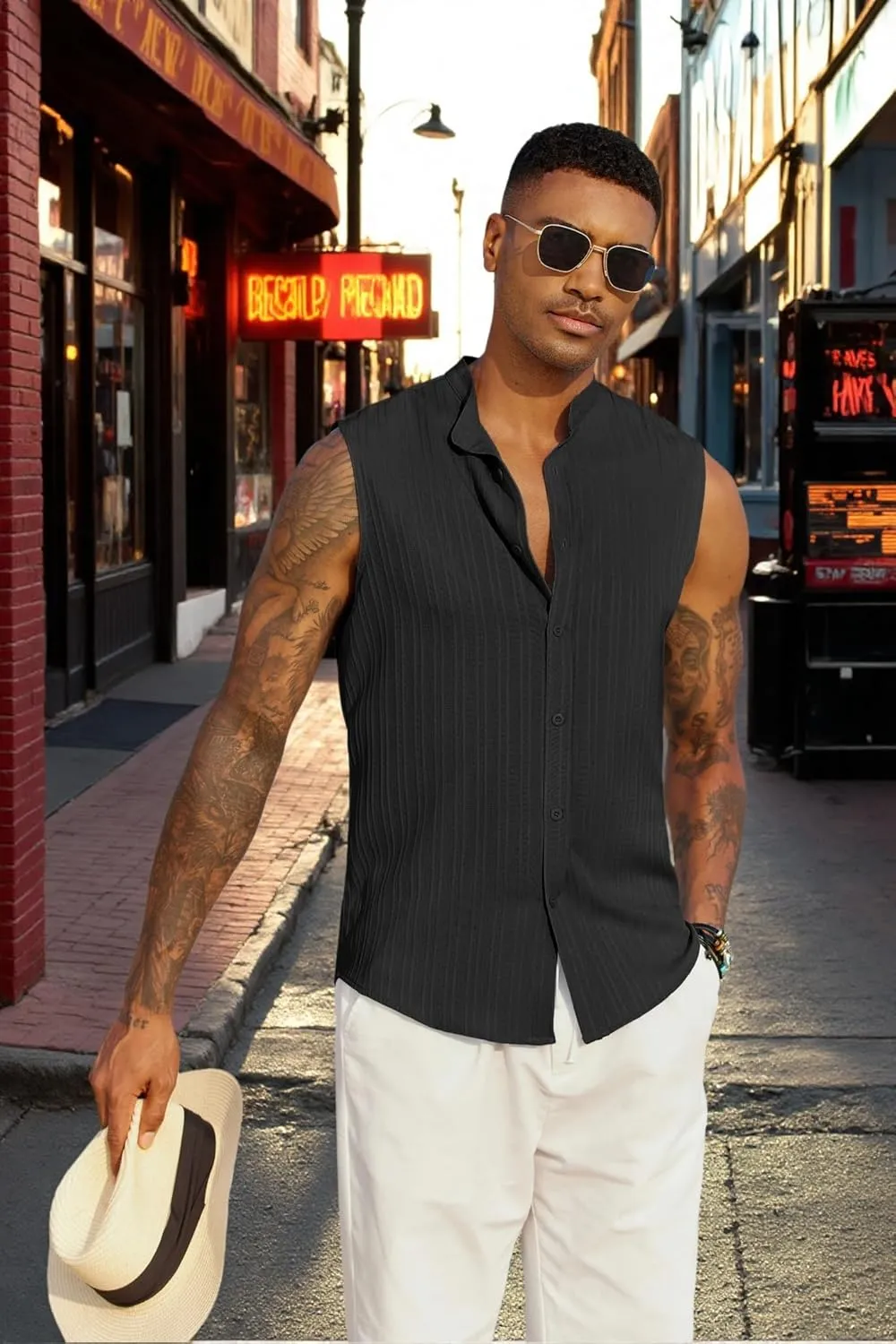 COOFANDY Mens Sleeveless Summer Shirts Beach Tank Tops Button Up Textured Tank Shirt for Vacation
