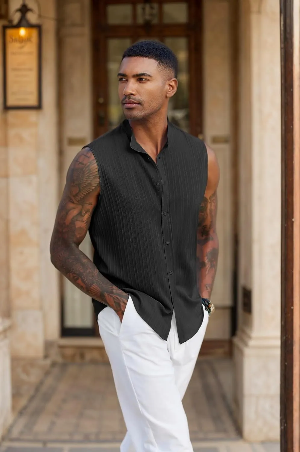 COOFANDY Mens Sleeveless Summer Shirts Beach Tank Tops Button Up Textured Tank Shirt for Vacation