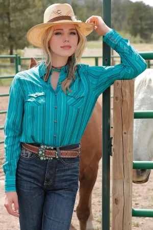Cruel Women's Teal Stripe Snap-Up Shirt