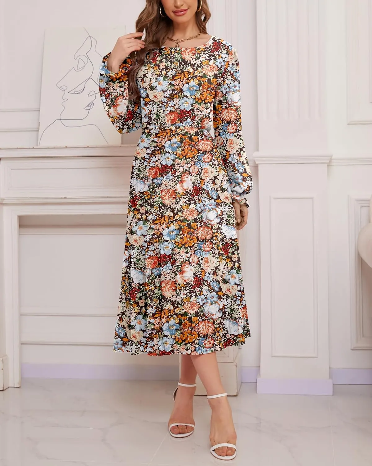 CYiNu Women's Spring Midi Dresses Long Sleeve Crew Neck Flowy Casual Floral Boho Tiered Chiffon Smocked Elegant Dress