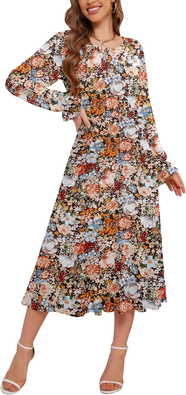 CYiNu Women's Spring Midi Dresses Long Sleeve Crew Neck Flowy Casual Floral Boho Tiered Chiffon Smocked Elegant Dress