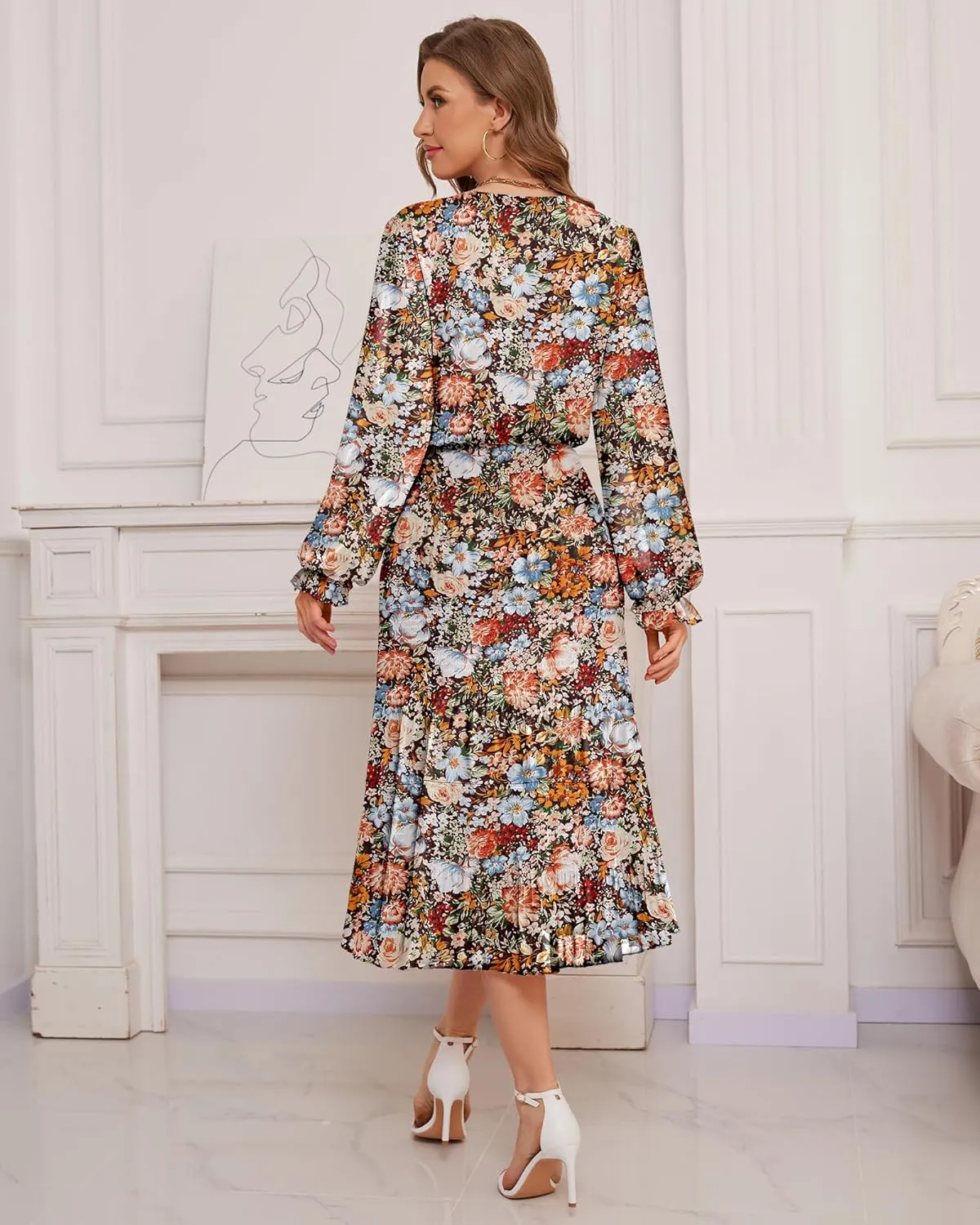 CYiNu Women's Spring Midi Dresses Long Sleeve Crew Neck Flowy Casual Floral Boho Tiered Chiffon Smocked Elegant Dress