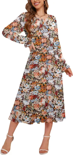CYiNu Women's Spring Midi Dresses Long Sleeve Crew Neck Flowy Casual Floral Boho Tiered Chiffon Smocked Elegant Dress
