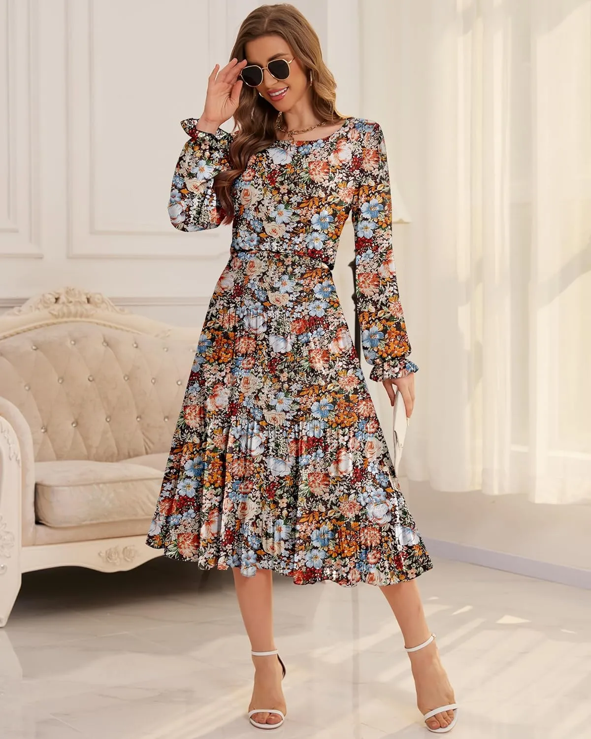 CYiNu Women's Spring Midi Dresses Long Sleeve Crew Neck Flowy Casual Floral Boho Tiered Chiffon Smocked Elegant Dress
