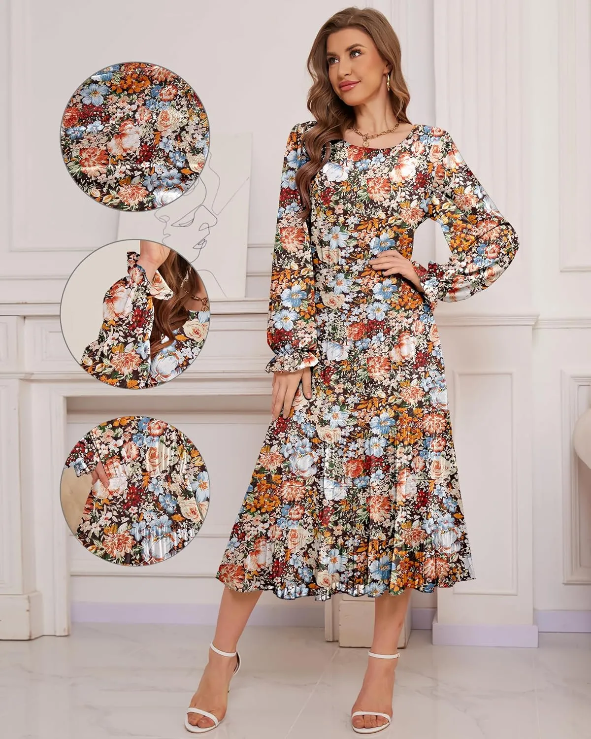 CYiNu Women's Spring Midi Dresses Long Sleeve Crew Neck Flowy Casual Floral Boho Tiered Chiffon Smocked Elegant Dress